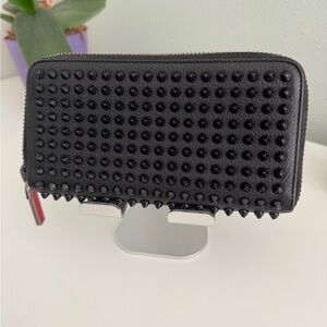 Authentic Christian Louboutin Black Leather Panettone Spike Zip Around Wallet